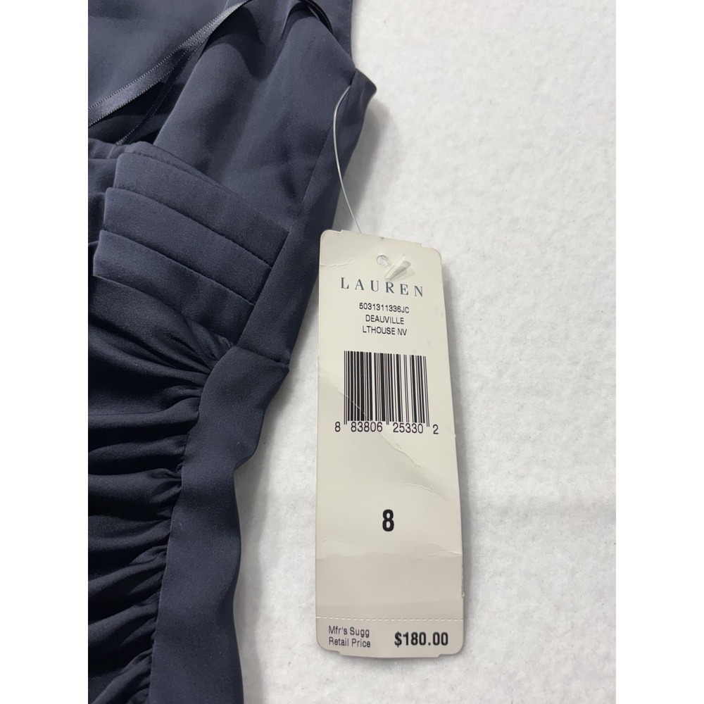 Lauren Ralph Lauren Evening Dress Womens 8 Blue Ruched Satin Sheath Knee Length - Picture 4 of 11